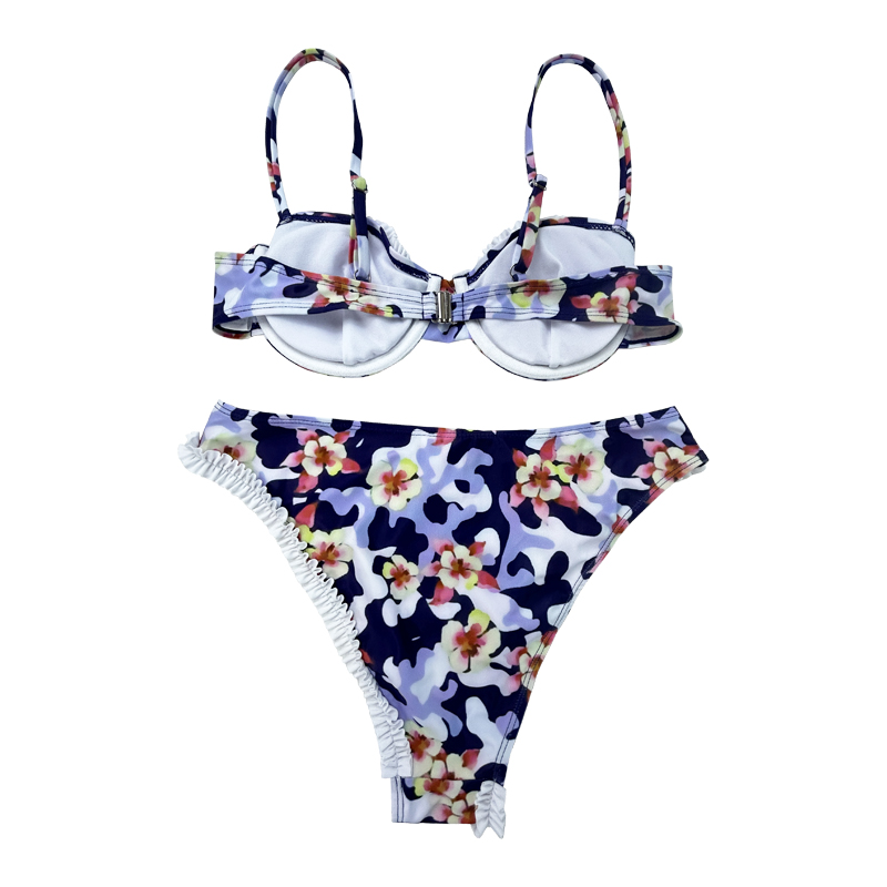 Virágos fodros szabálytalan bikini szett kétrészes fürdőruhát