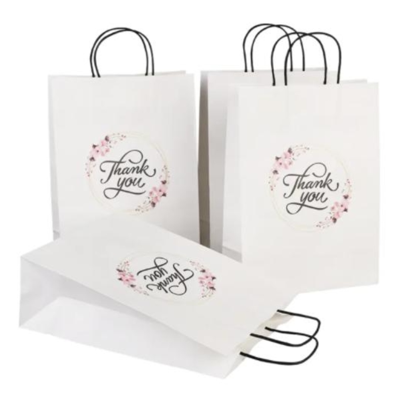 Nagykereskedelem testreszabott méretűnyomtatási logó divatos köszönet fehér kraft papír táska Különlegesnapi esküvői személyre szabott ajándéktáska fogantyúval