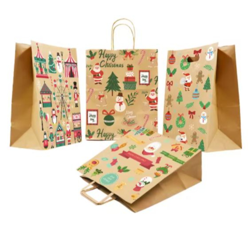 Karácsonyi papírzacskók barna csavart fogantyúkkal testreszabott ünnepi ajándék táskák saját jelvénytaggal,nagykereskedelmi papírzacskókkal