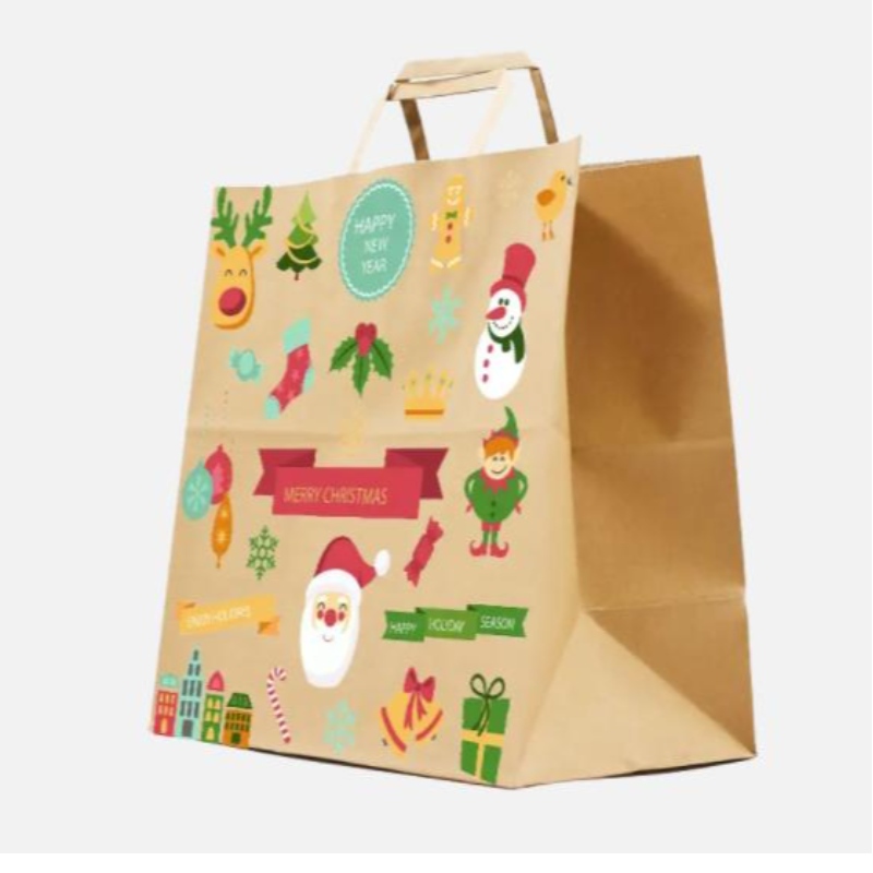 Karácsonyi papírzacskók barna csavart fogantyúkkal testreszabott ünnepi ajándék táskák saját jelvénytaggal,nagykereskedelmi papírzacskókkal