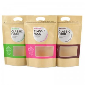 Környezetbarát, lazítható laminált barna kraft papírcsomagoló élelmiszerzsák cipzáras lock stand up tasak kraft táska ablak