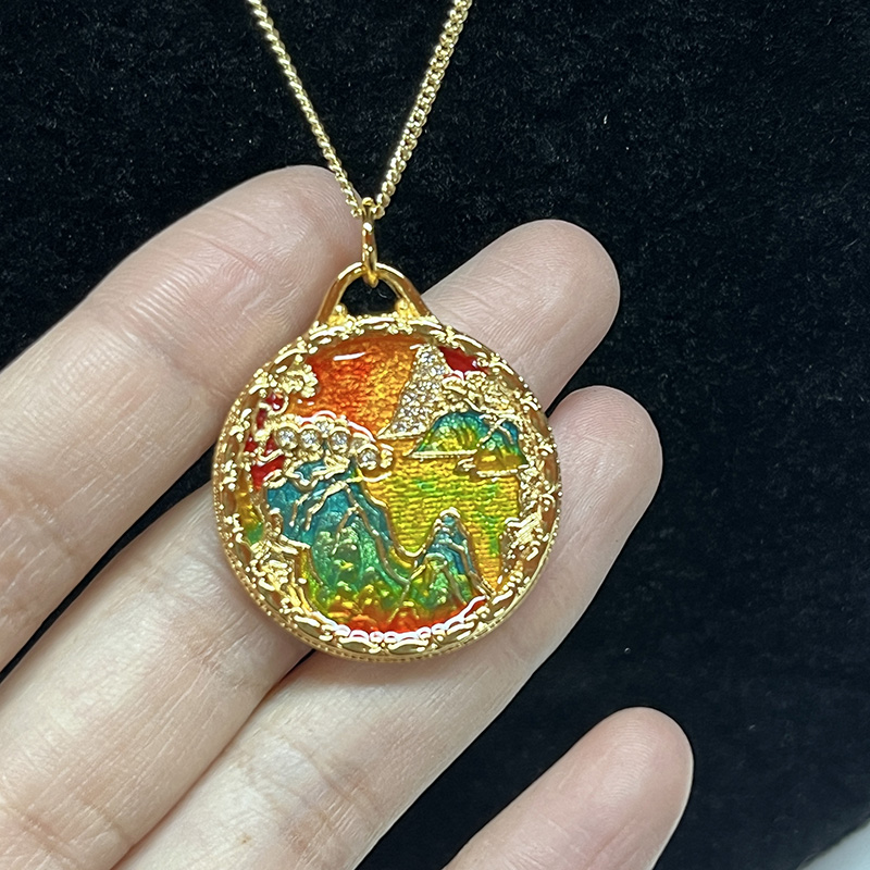 Kézzel készített cloisonne zománc táj medálnyaklánc 18K aranyozással & Gravírozott kettős-Oldalsó tervezés