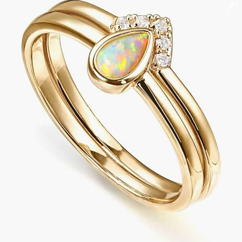 Elegáns 18K arany-Bevont egymásra rakható könnycsepp opálgyűrűs szett mikro-Pavé circonia ékezetes - Időtlen luxus ékszerek anők számára