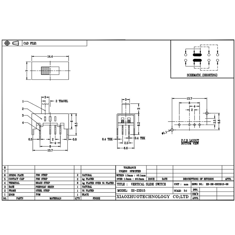 Slide kapcsoló SS23D15 zseblámpa Mini játék csúszó sáv kapcsoló