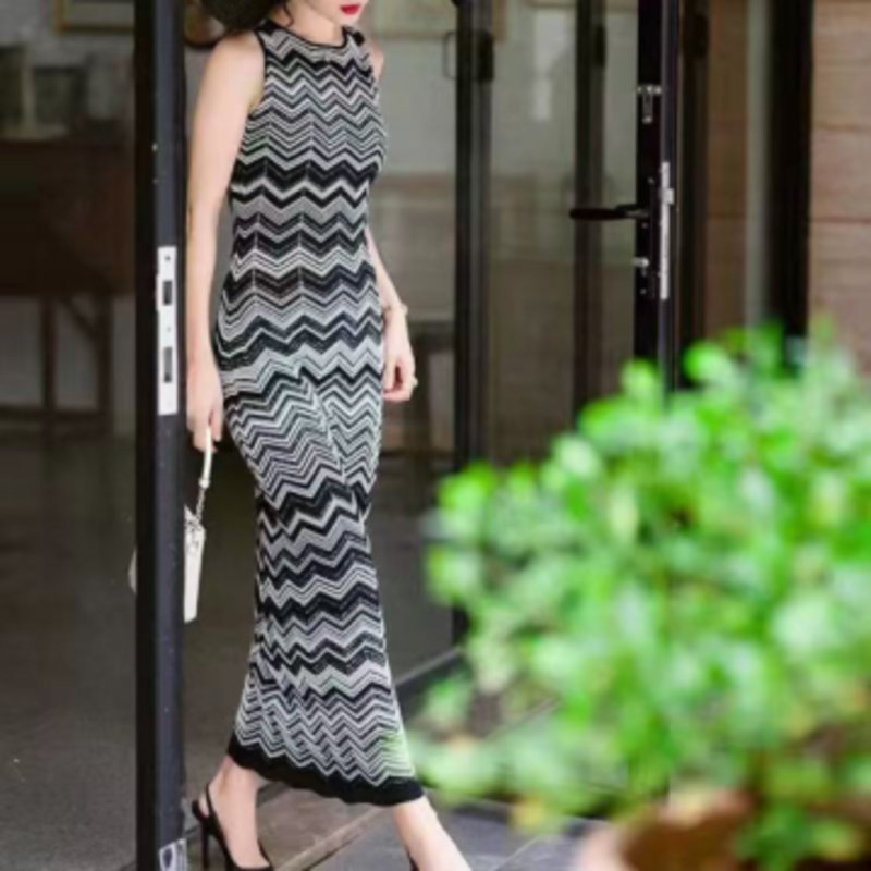 Nyári kötött kereknyak hosszú ujjú interkolor kardigán, V-Nyak ujjatlan, hosszú kötött csíkos ruhakészlet